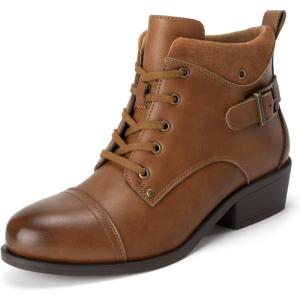 imageAthlefit Womens Short Ankle Boots Chunky Low Heel Round Toe Boots Comfortable Lace Up Booties with Side ZipperBrown
