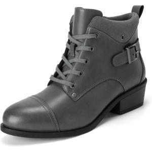 imageAthlefit Womens Short Ankle Boots Chunky Low Heel Round Toe Boots Comfortable Lace Up Booties with Side ZipperGrey