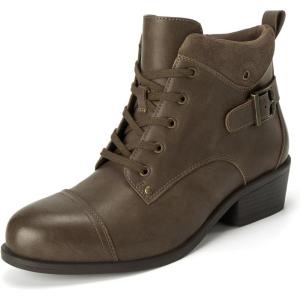 imageAthlefit Womens Short Ankle Boots Chunky Low Heel Round Toe Boots Comfortable Lace Up Booties with Side ZipperTaupe