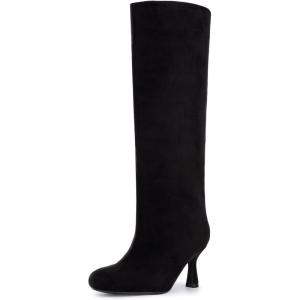 imageAthlefit Womens Suede Knee High Boots Wide Calf Tall Fashion Stiletto Heeled Pull On Slouchy Long BootsBlack