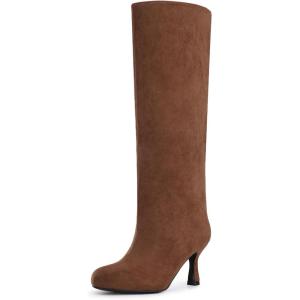 imageAthlefit Womens Suede Knee High Boots Wide Calf Tall Fashion Stiletto Heeled Pull On Slouchy Long BootsBrown