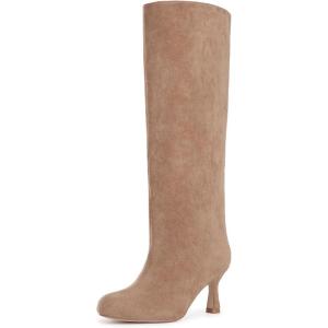 imageAthlefit Womens Suede Knee High Boots Wide Calf Tall Fashion Stiletto Heeled Pull On Slouchy Long BootsNude