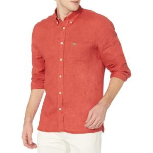 imageLacoste Mens Long Sleeve Regular Fit Linen Casual Button Down Shirt with Front PocketCrater Orange