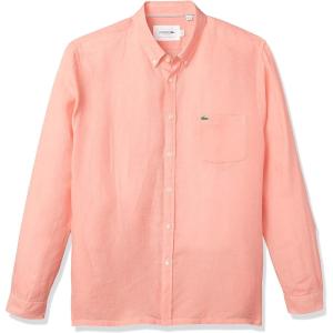 imageLacoste Mens Long Sleeve Regular Fit Linen Casual Button Down Shirt with Front PocketElf Pink