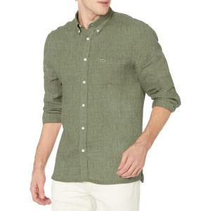 imageLacoste Mens Long Sleeve Regular Fit Linen Casual Button Down Shirt with Front PocketGrassy