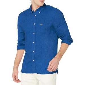 imageLacoste Mens Long Sleeve Regular Fit Linen Casual Button Down Shirt with Front PocketLazuli
