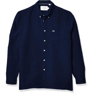 imageLacoste Mens Long Sleeve Regular Fit Linen Casual Button Down Shirt with Front PocketMidnight Blue
