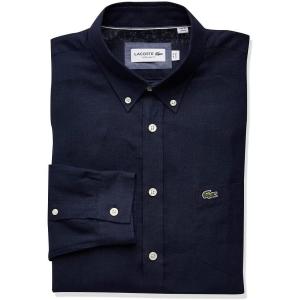 imageLacoste Mens Long Sleeve Regular Fit Linen Casual Button Down Shirt with Front PocketNavy Blue
