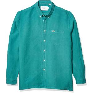 imageLacoste Mens Long Sleeve Regular Fit Linen Casual Button Down Shirt with Front PocketNiagara Blue