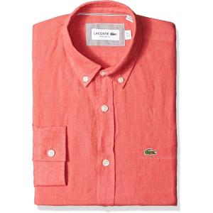 imageLacoste Mens Long Sleeve Regular Fit Linen Casual Button Down Shirt with Front PocketSierra Red