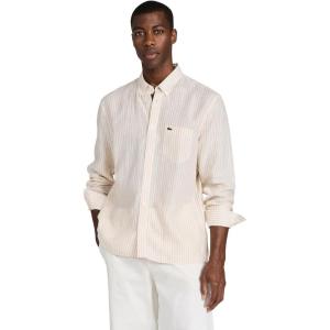 imageLacoste Mens Long Sleeve Regular Fit Linen Casual Button Down Shirt with Front PocketWhiteCroissant
