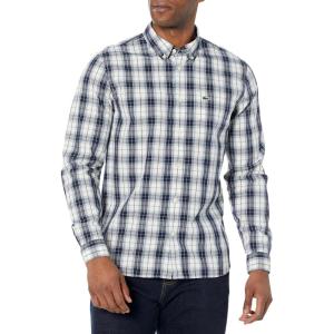 imageLacoste Mens Long Sleeve Slim Fit Poplin Stretch Plaid Button Down ShirtLaplandNavy Blue