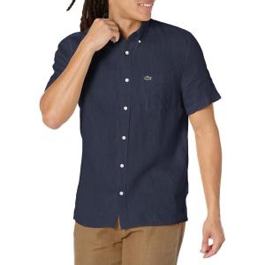 imageLacoste Mens Short Sleeve Regular Fit Linen Button Down Shirt with Front PocketNavy Blue