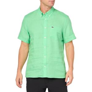 imageLacoste Mens Short Sleeve Regular Fit Linen Button Down Shirt with Front PocketPeppermint