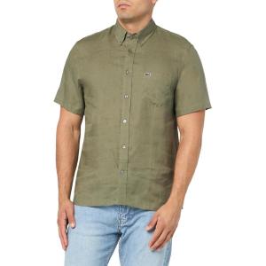 imageLacoste Mens Short Sleeve Regular Fit Linen Button Down Shirt with Front PocketTank Green