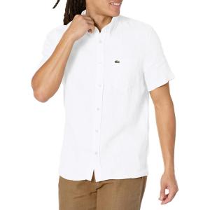 imageLacoste Mens Short Sleeve Regular Fit Linen Button Down Shirt with Front PocketWhite