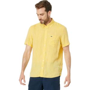 imageLacoste Mens Short Sleeve Regular Fit Linen Button Down Shirt with Front PocketYellow
