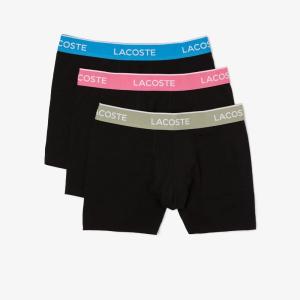 imageLacoste Mens Cotton Stretch Essentials Boxer Briefs 3PackBlack With Azure BlueSage GreyPink Waistbands