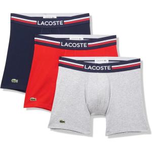 imageLacoste Mens Cotton Stretch Tricolor Waistband Boxer Briefs 3PackNavy BlueDove GreyRed