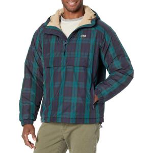 imageLacoste Mens 14 Zip Reversible Plaid Nylon Hooded JacketSwingNavy Blueblack