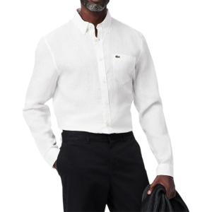 imageLacoste Mens Contemporary Collections Long Sleeve Regular Fit Linen Button Down Shirt with Front PocketWhite