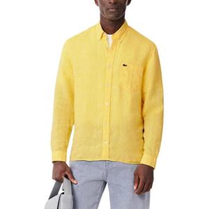 imageLacoste Mens Contemporary Collections Long Sleeve Regular Fit Linen Button Down Shirt with Front PocketYellow