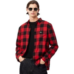 imageLacoste Mens Cotton Twill Plaid OvershirtBlackRed