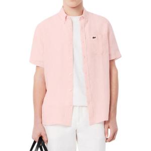 imageLacoste Mens Short Sleeve Regular Fit Linen Button Down Shirt with Front PocketFlamingo