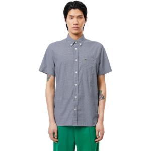 imageLacoste Mens Short Sleeved Regular Fit Gingham Print ShirtWhiteNavy Blue