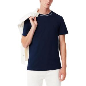 imageLacoste Mens Crew Neck Short Sleeve Regular Fit Classic TShirtNavy Blue Striped Collar