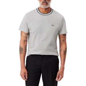 imageLacoste Mens Crew Neck Short Sleeve Regular Fit Classic TShirtSilver Chine Striped Collar