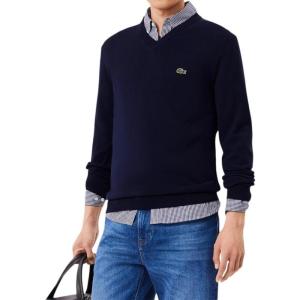 imageLacoste Mens Long Sleeve Regular Fit Vneck Organic Cotton SweaterNavy Blue
