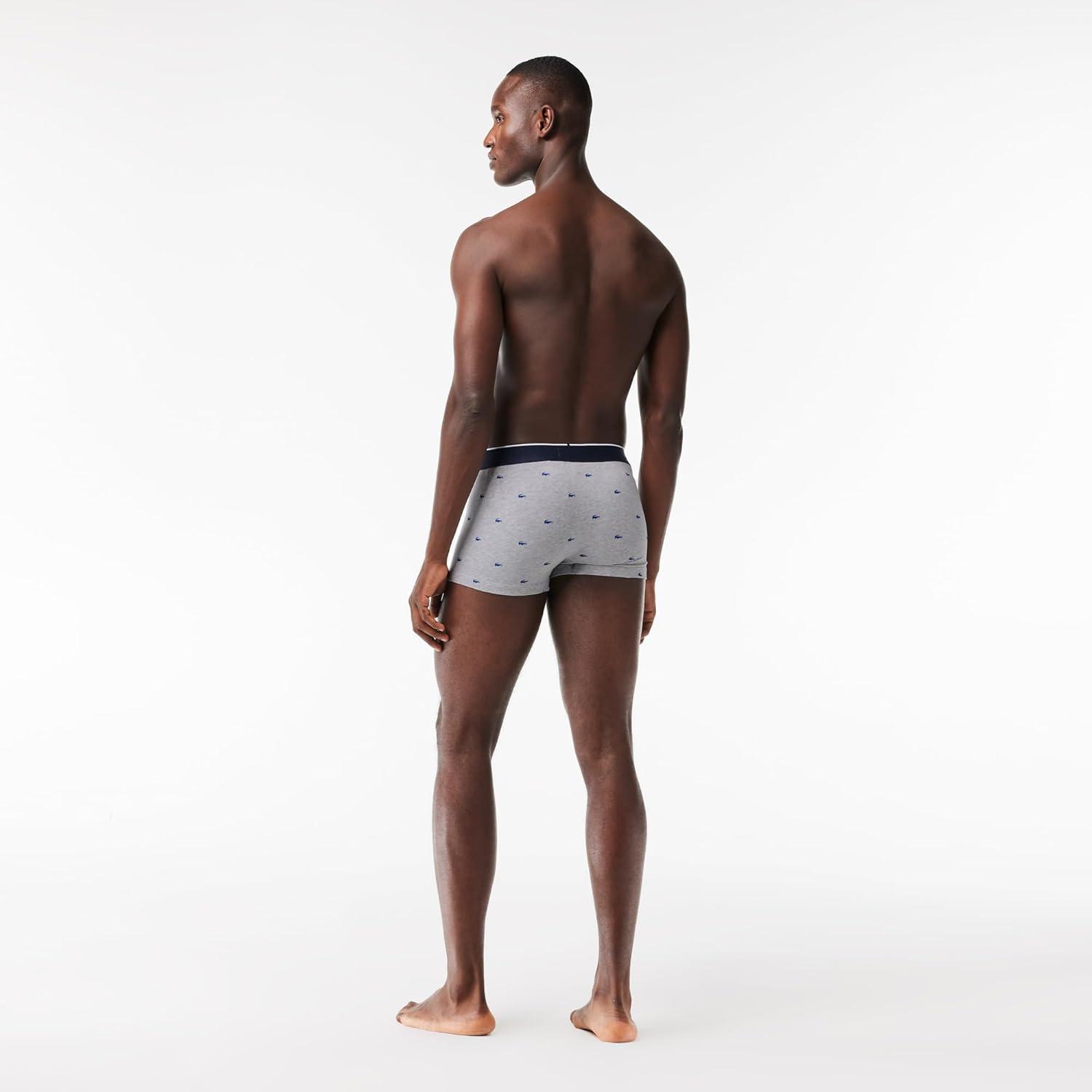 imageLacoste Mens Cotton Stretch Mini Croc Print Trunks 3PackDove GreyNavy BlueWhite