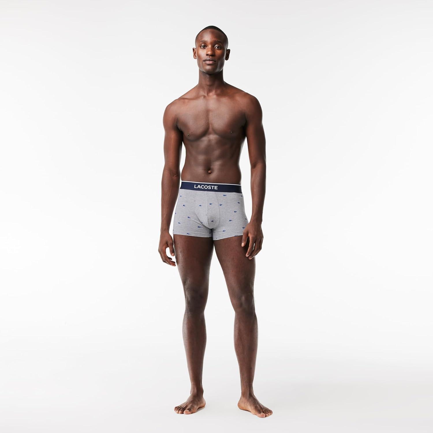 imageLacoste Mens Cotton Stretch Mini Croc Print Trunks 3PackDove GreyNavy BlueWhite