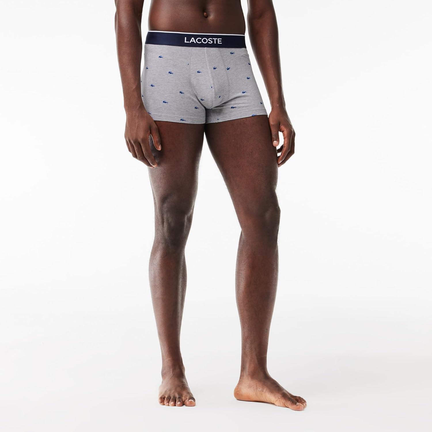 imageLacoste Mens Cotton Stretch Mini Croc Print Trunks 3PackDove GreyNavy BlueWhite