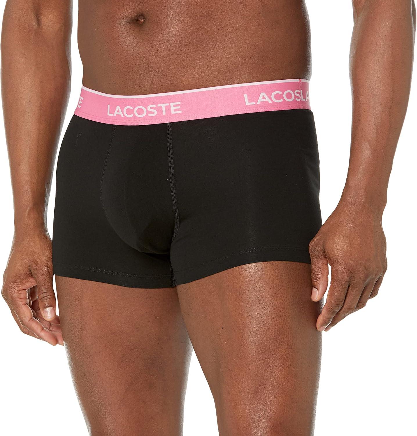 imageLacoste Mens Cotton Stretch Tricolor Waistband Trunks 3PackBlack With Azure BlueSage GreyPink Waistbands