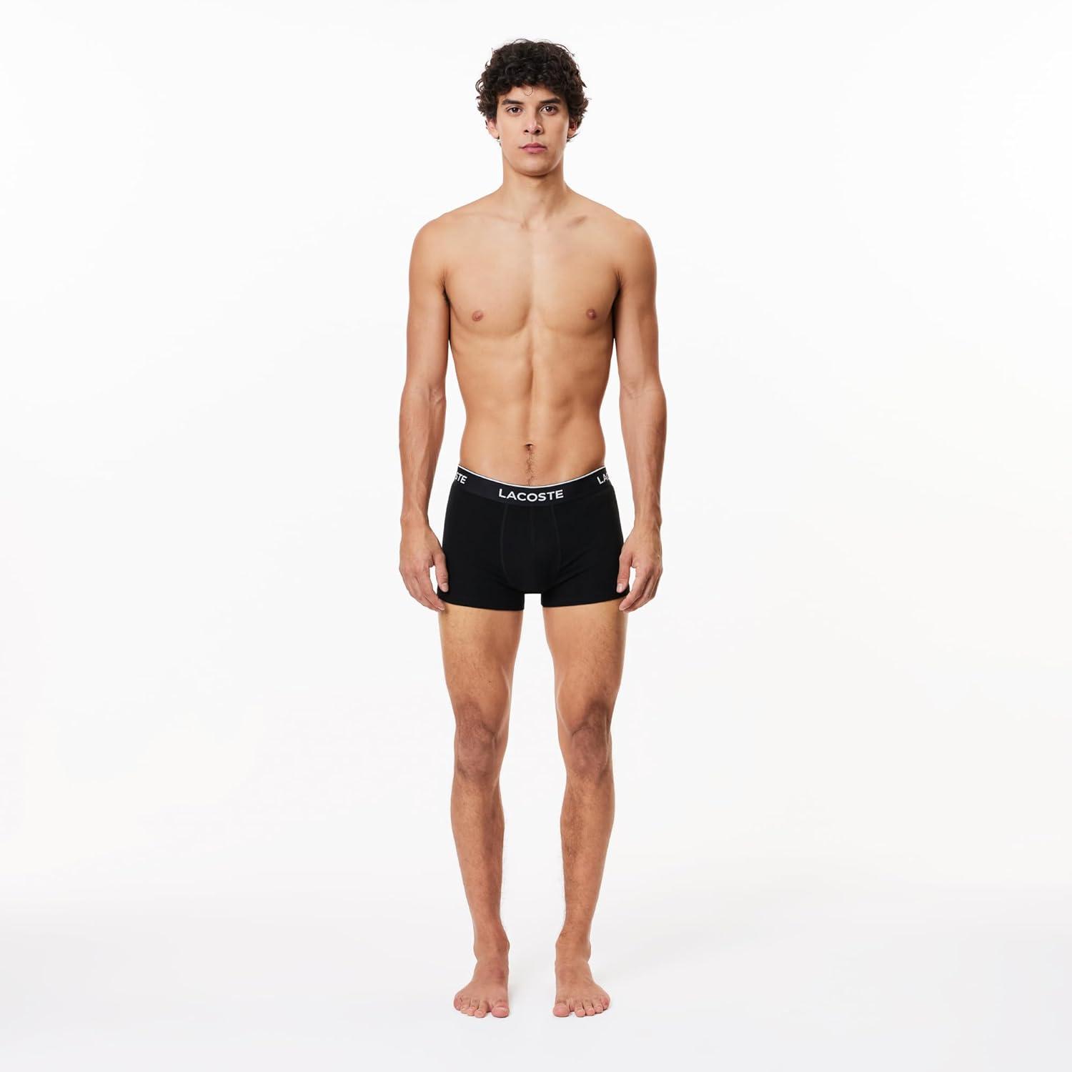 imageLacoste Mens Cotton Stretch Tricolor Waistband Trunks 3PackBlack With Black Waistbands New