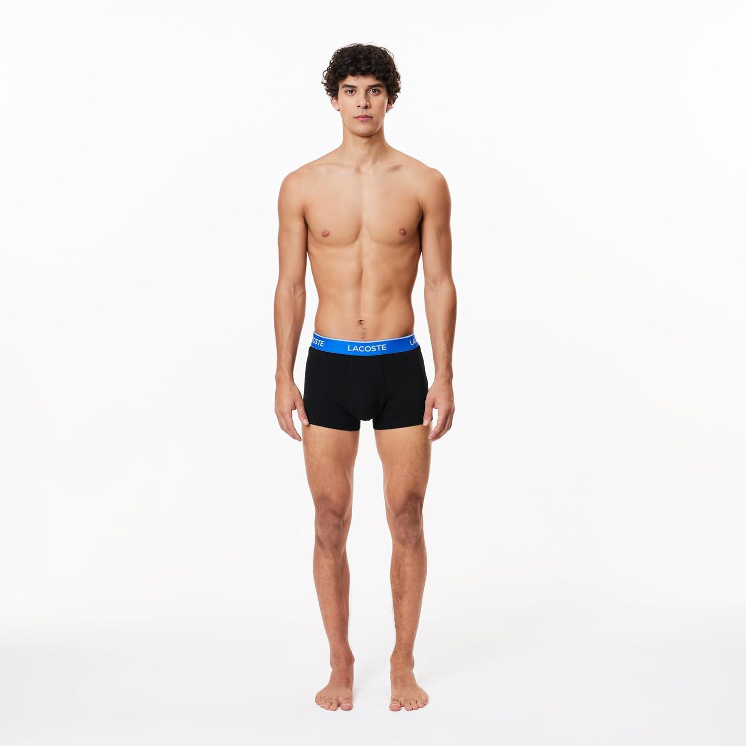 imageLacoste Mens Cotton Stretch Tricolor Waistband Trunks 3PackBlack With Ocean BlueSky MistGraphite Waistbands