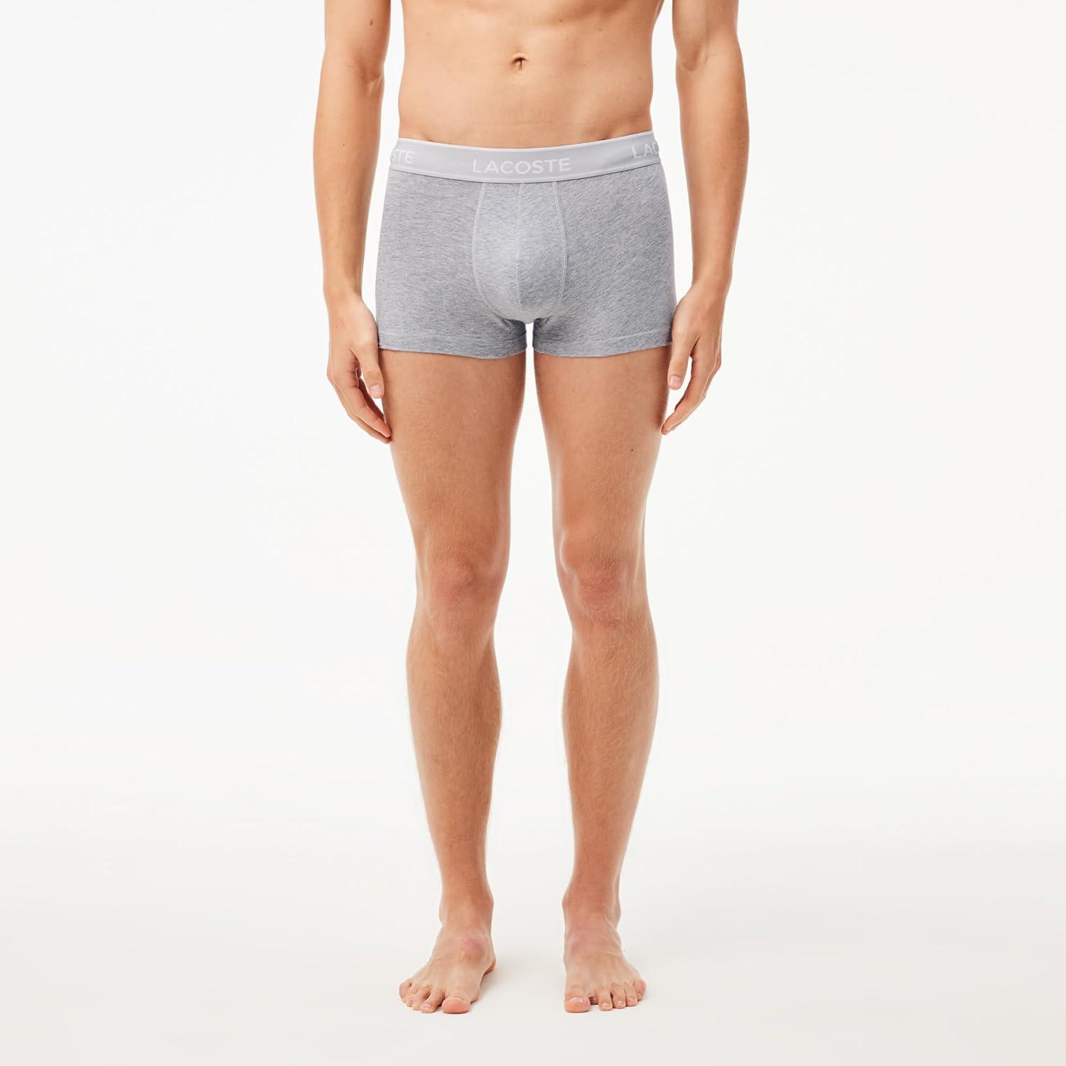 imageLacoste Mens Cotton Stretch Tricolor Waistband Trunks 3PackBlackWhiteGrey With Multicolor Waistband