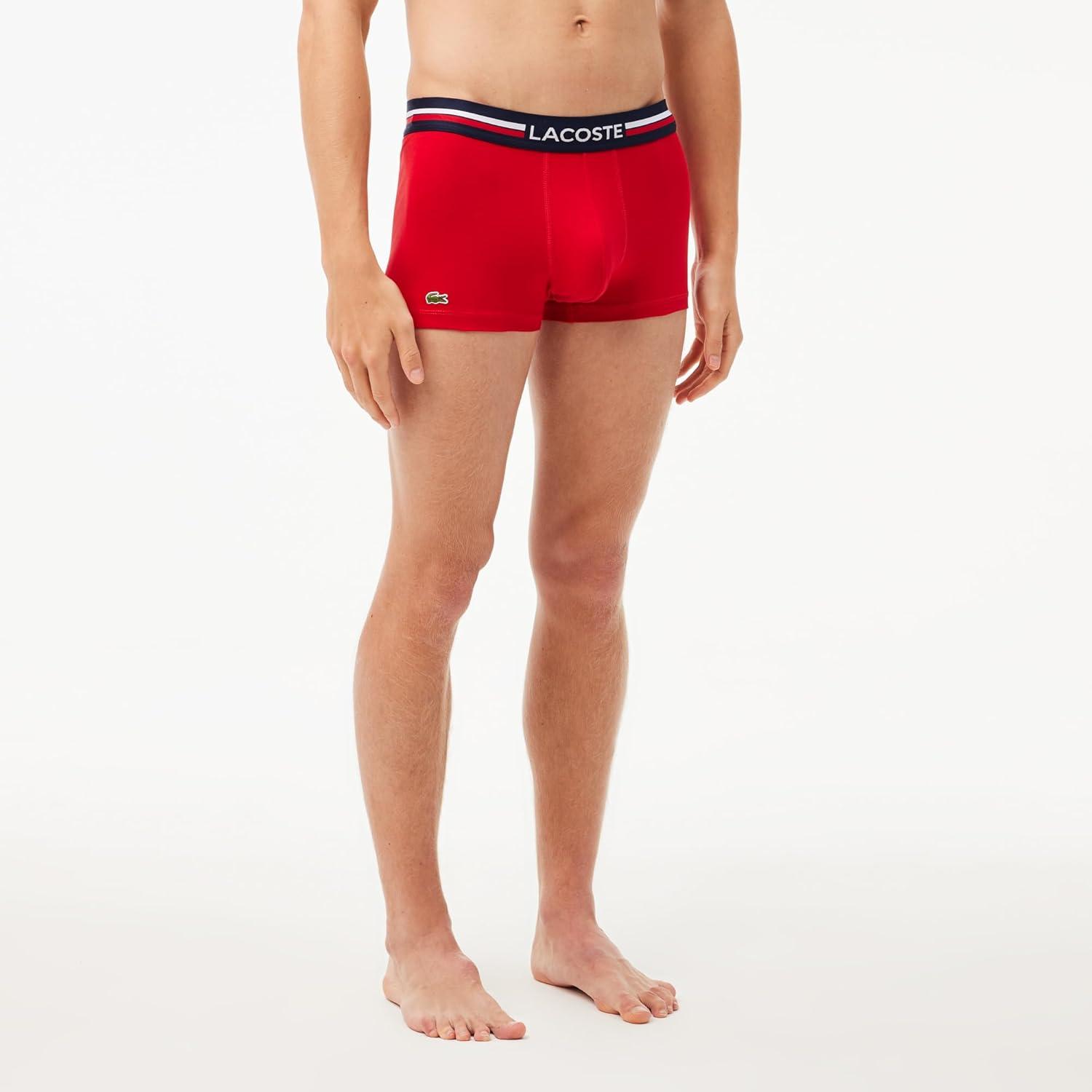 imageLacoste Mens Cotton Stretch Tricolor Waistband Trunks 3PackNavy BlueGreyRed