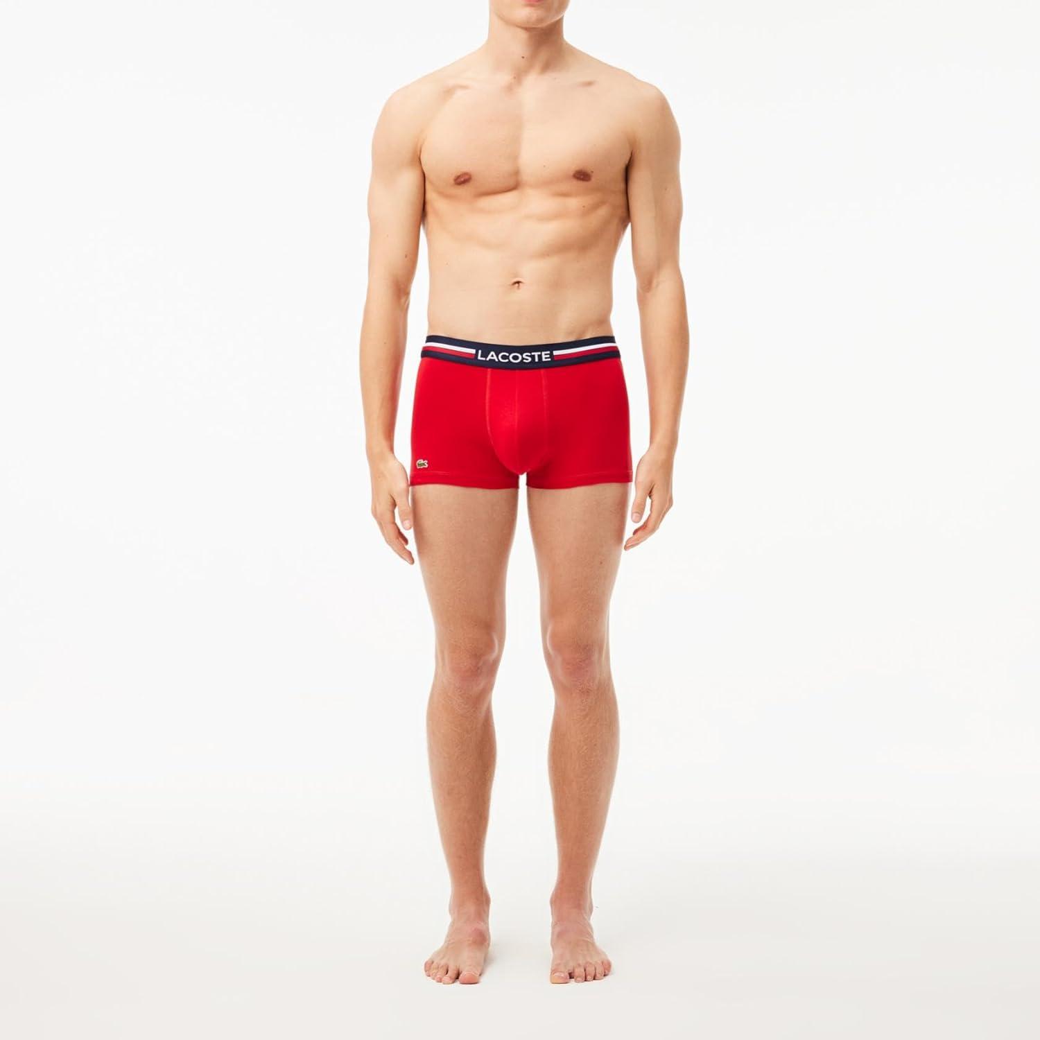 imageLacoste Mens Cotton Stretch Tricolor Waistband Trunks 3PackNavy BlueGreyRed