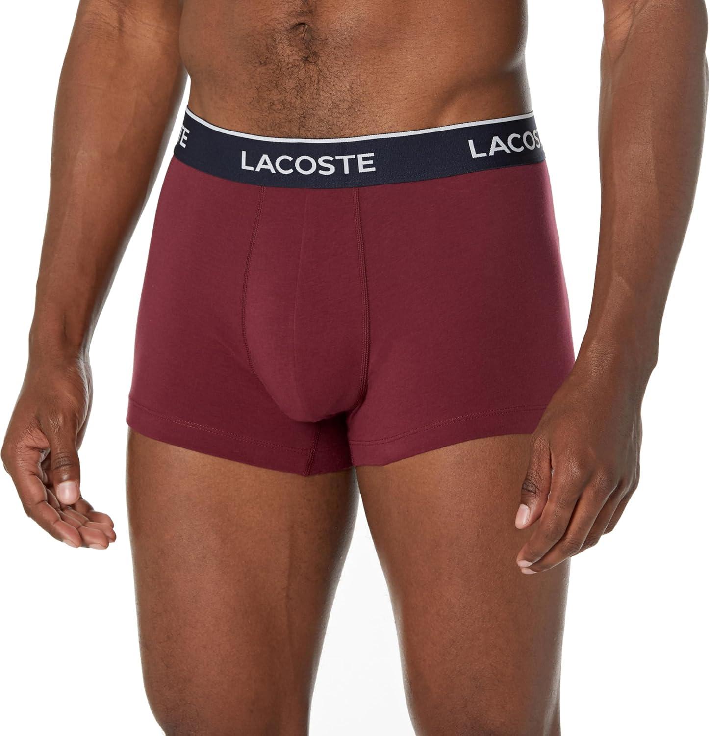 imageLacoste Mens Cotton Stretch Tricolor Waistband Trunks 3PackNavy BlueOrangeMaroon