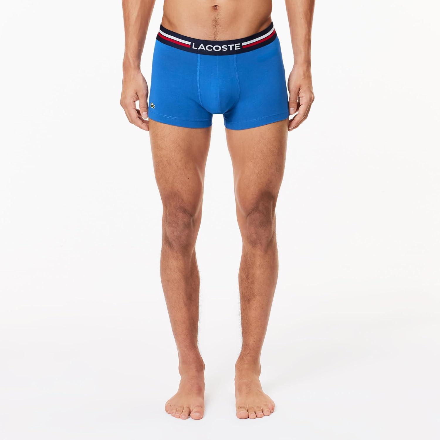imageLacoste Mens Cotton Stretch Tricolor Waistband Trunks 3PackNavy BlueRoyal BlueLight Blue