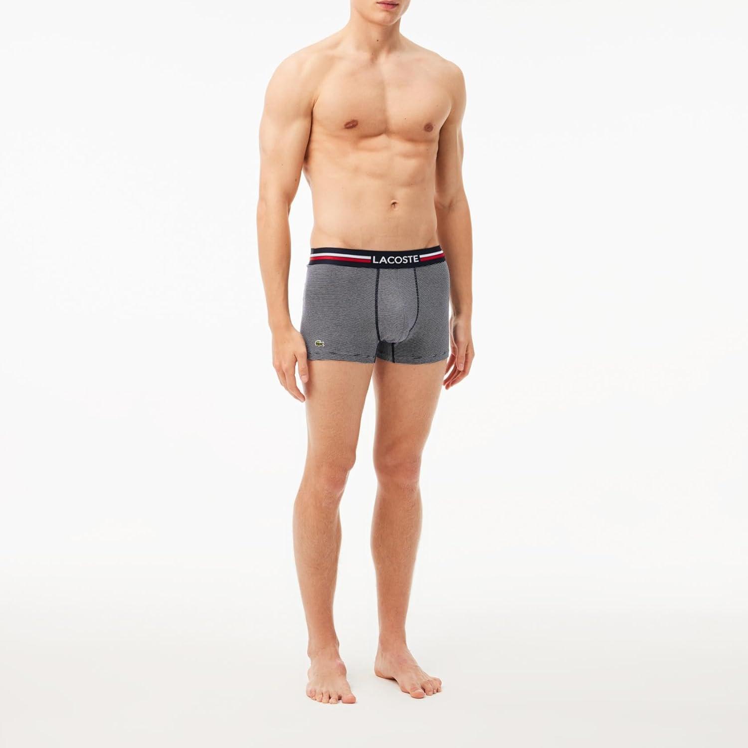 imageLacoste Mens Cotton Stretch Tricolor Waistband Trunks 3PackNavy BlueWhiteNavy Striped