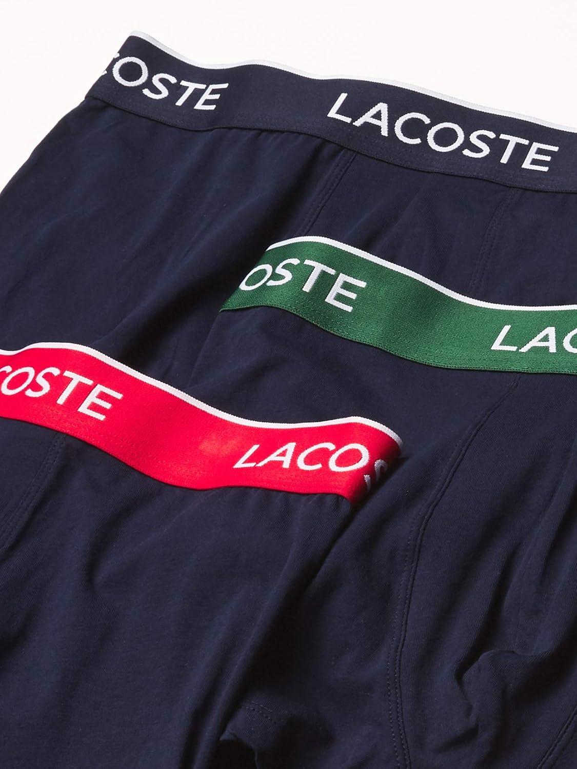 imageLacoste Mens Cotton Stretch Tricolor Waistband Trunks 3PackNavy With Azure BlueGreen PepperMustard Waistbands New