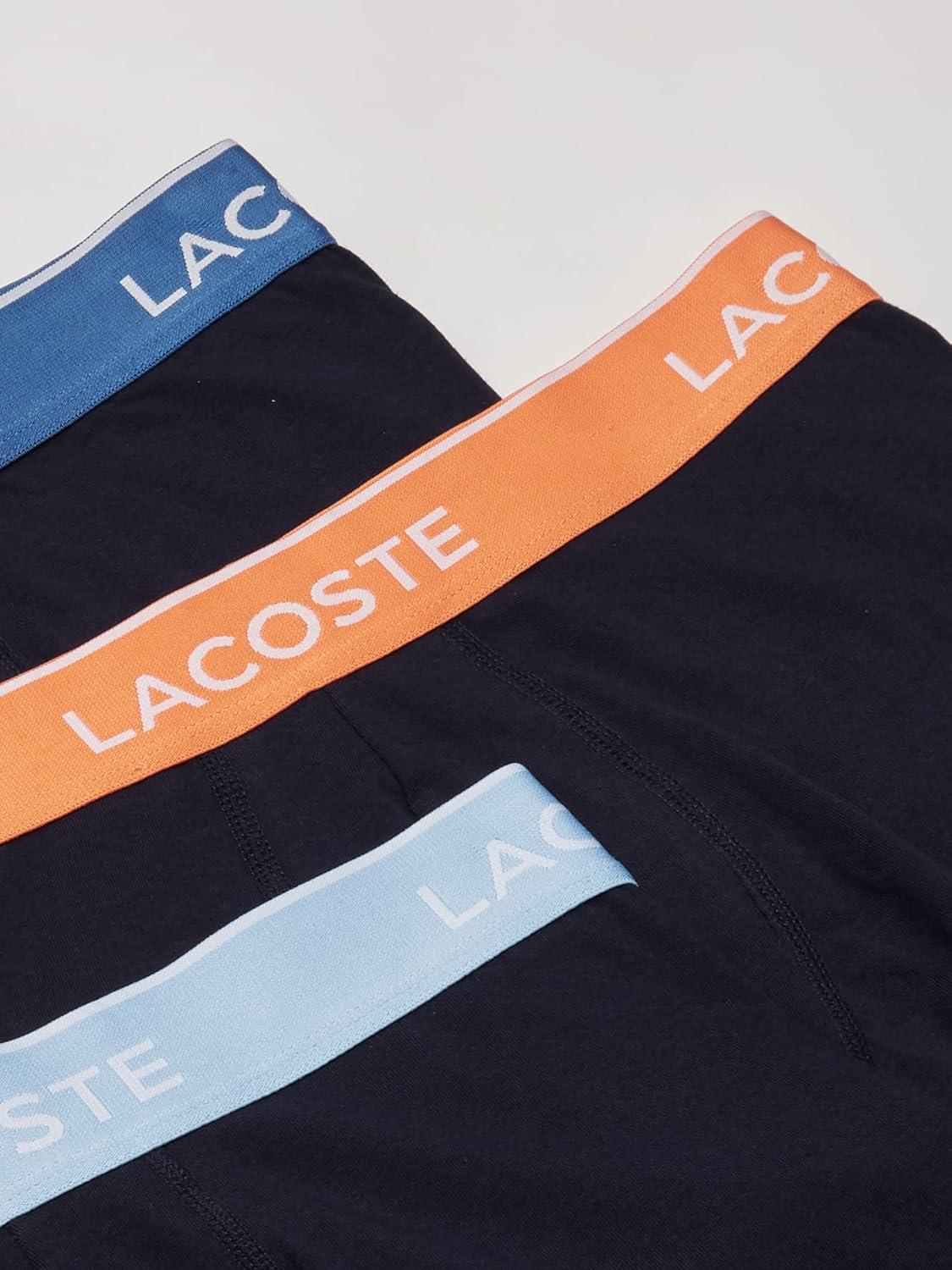 imageLacoste Mens Cotton Stretch Tricolor Waistband Trunks 3PackNavy With Light BlueOrangeBlue Waistbands