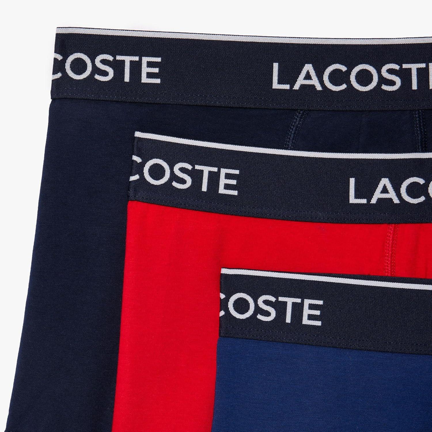 imageLacoste Mens Cotton Stretch Tricolor Waistband Trunks 3PackNavyRedBlue