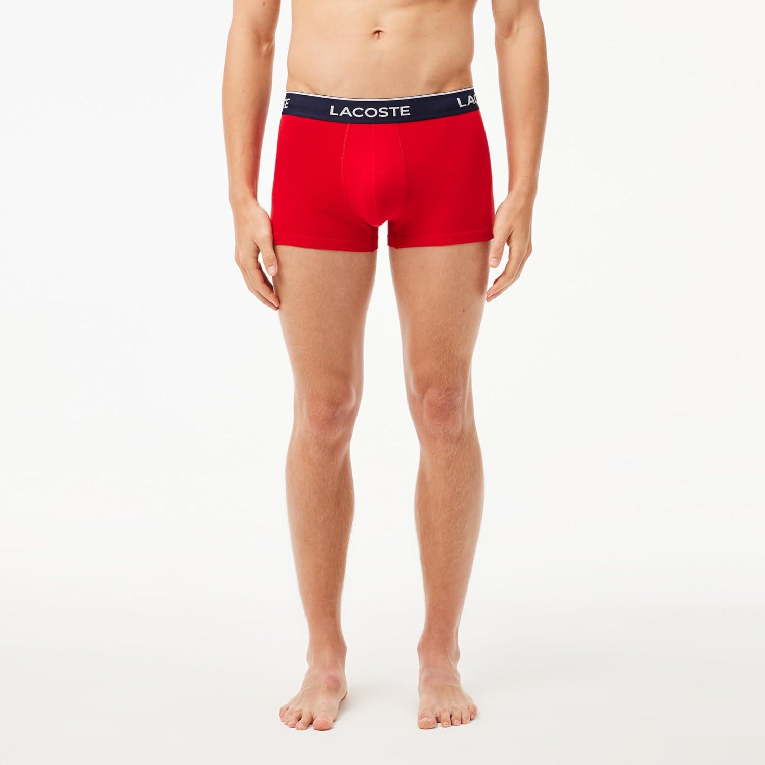 imageLacoste Mens Cotton Stretch Tricolor Waistband Trunks 3PackNavyRedBlue