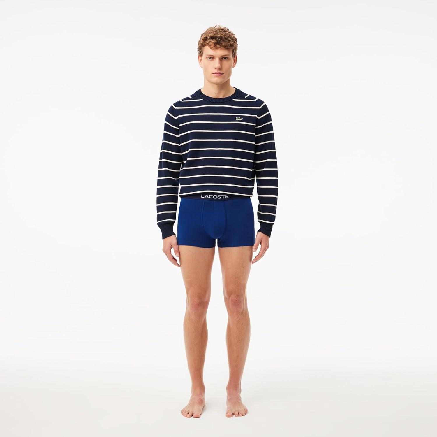 imageLacoste Mens Cotton Stretch Tricolor Waistband Trunks 3PackNavyRedBlue