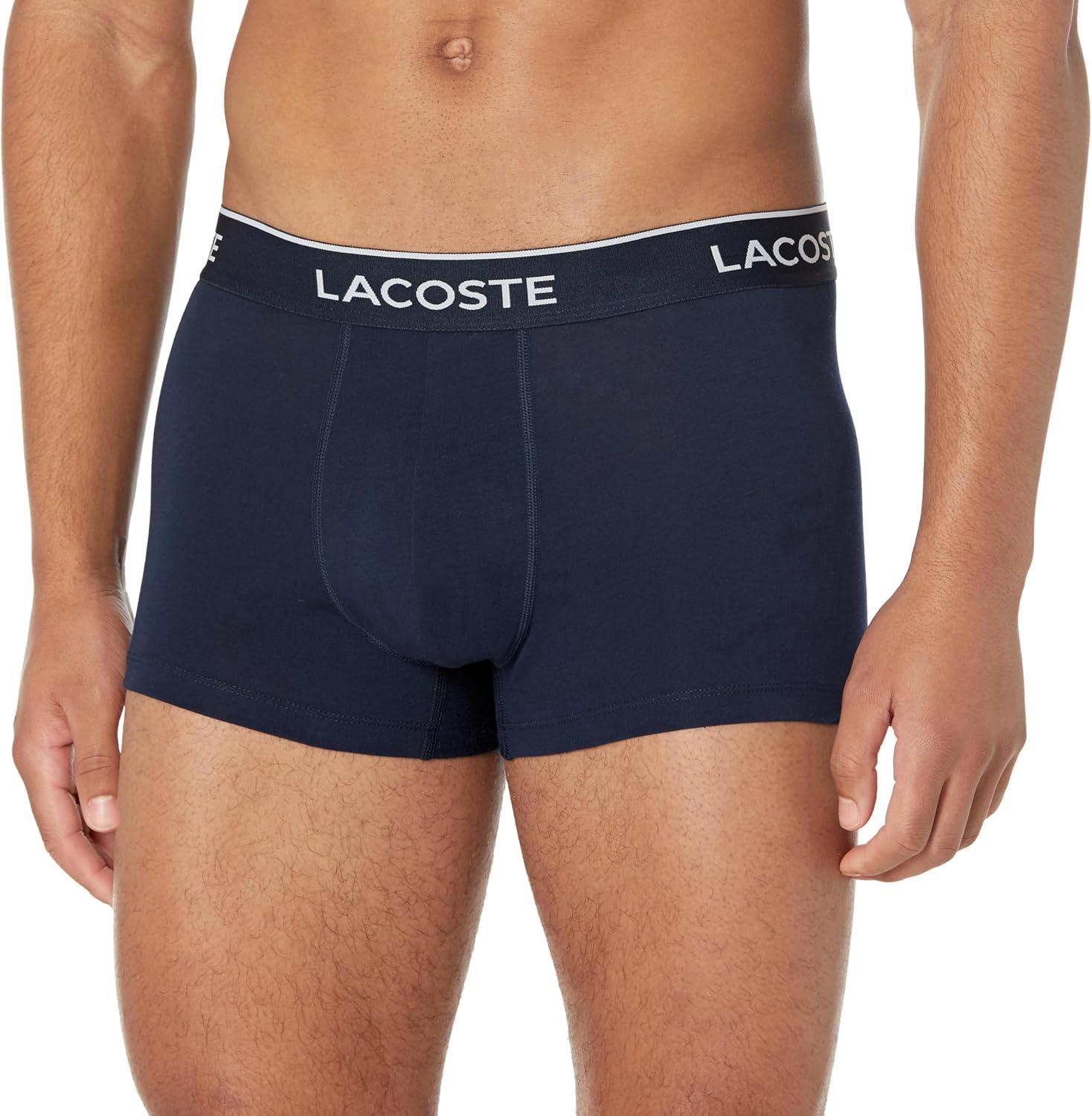 imageLacoste Mens Cotton Stretch Tricolor Waistband Trunks 3PackWhiteNavy BlueBright Blue
